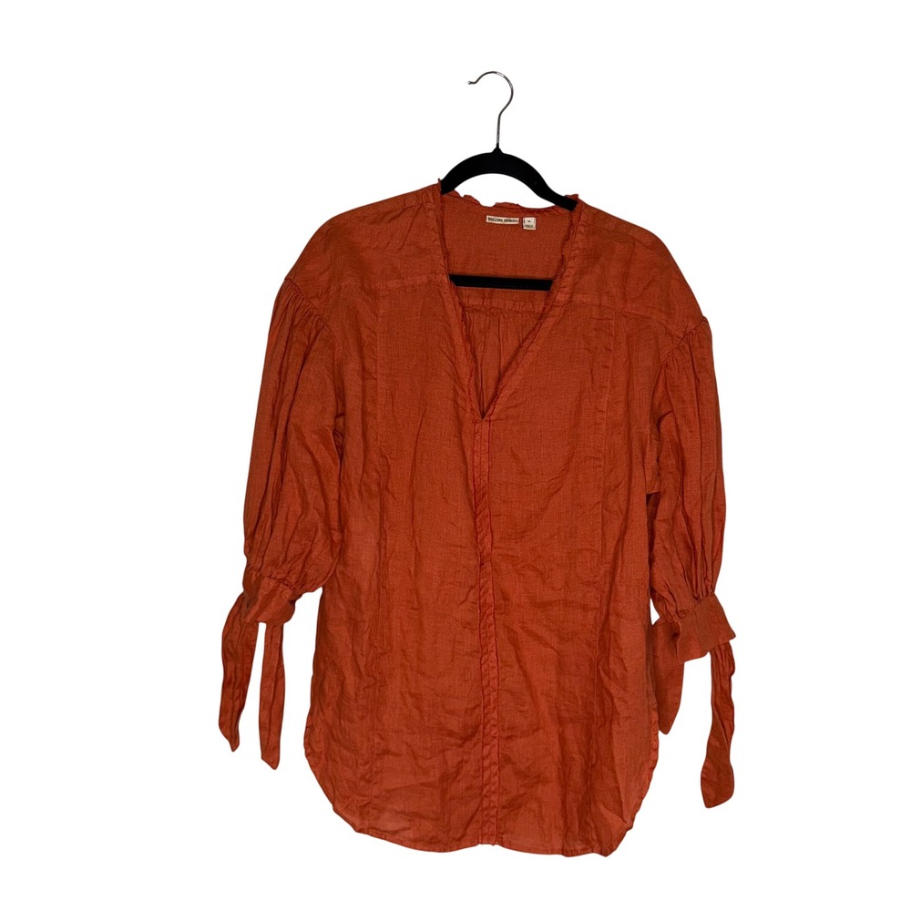 Holding Horses Linen Tunic Women Medium Orange Excellent Tie Sleeve V-Neck Boho